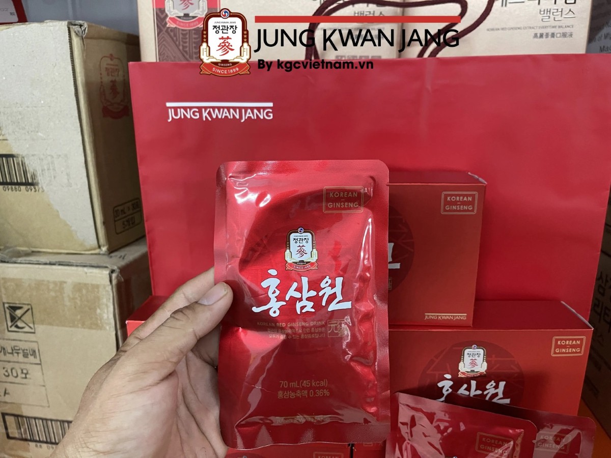 Hình Ảnh Thực Tế Gói Nhỏ Nước Hồng Sâm Won Chính Phủ Hàn Quốc KGC Jung Kwan Jang Chính Hãng – Túi Màu Đỏ 70ml x 30 Gói