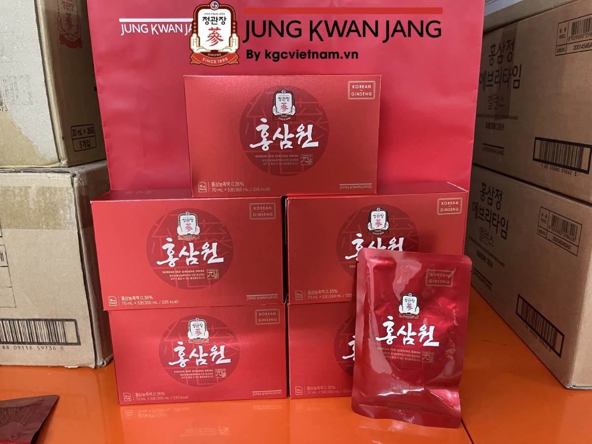 Hình Ảnh Thực Tế Gói Và Hộp Nhỏ Bên Trong Nước Hồng Sâm Won Chính Phủ Hàn Quốc KGC Jung Kwan Jang Chính Hãng – Túi Màu Đỏ  70ml x 30 Gói