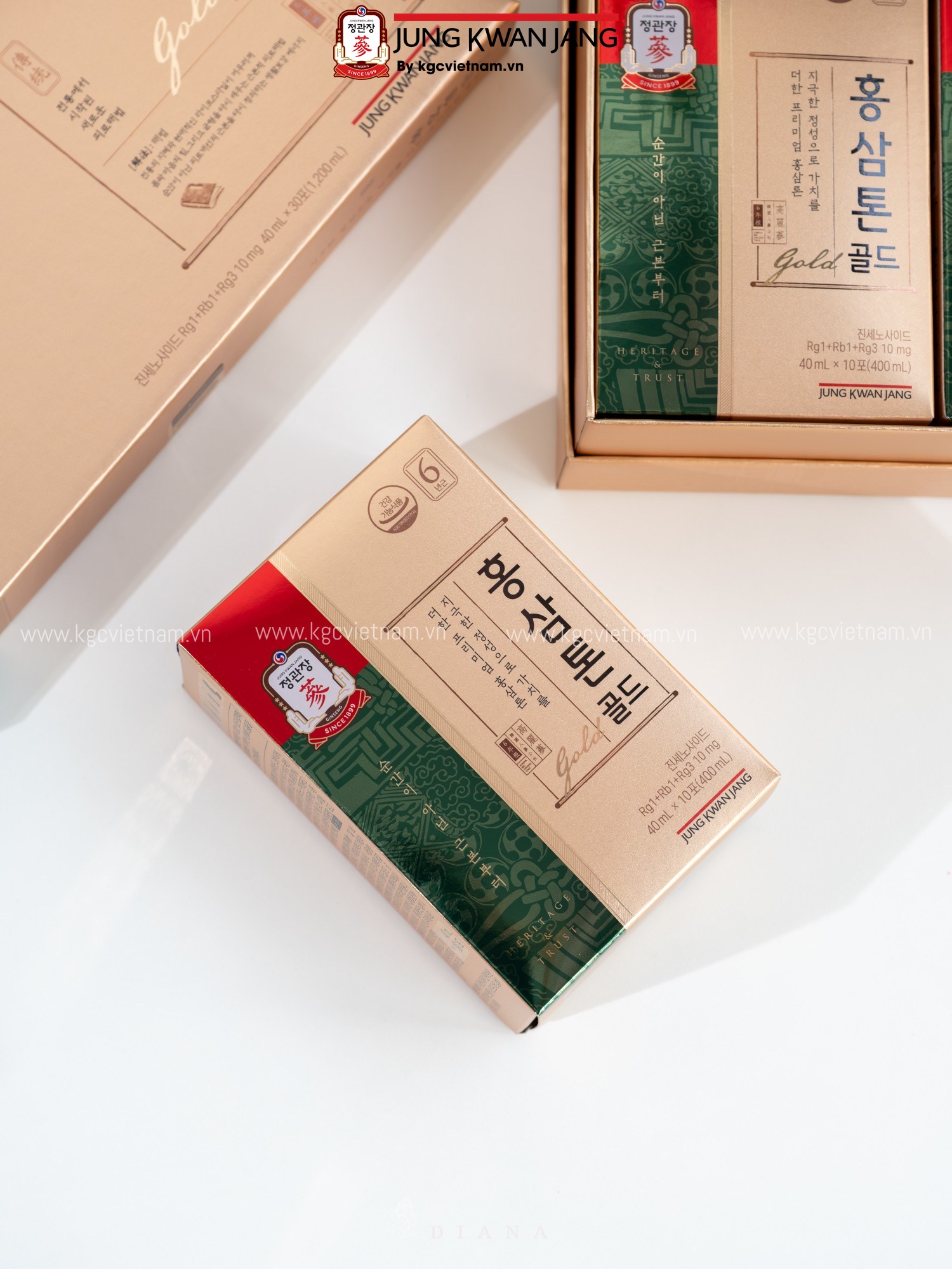 Hình ảnh chi tiết thiết kế hộp và bao bì Nước Hồng Sâm Tonic Gold KGC Jung Kwan Jang