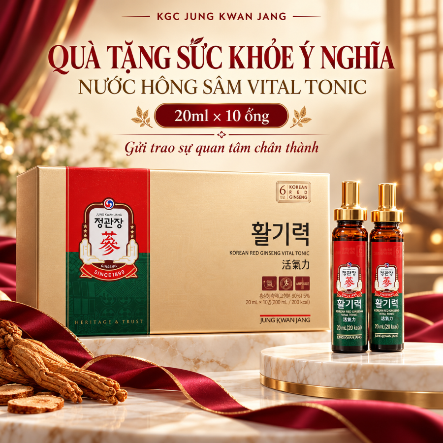 Nước hồng sâm KGC Jung Kwan Jang Vital Tonic 20ml x 10 ống, món quà gửi lời chúc sức khỏe đến người thân.
