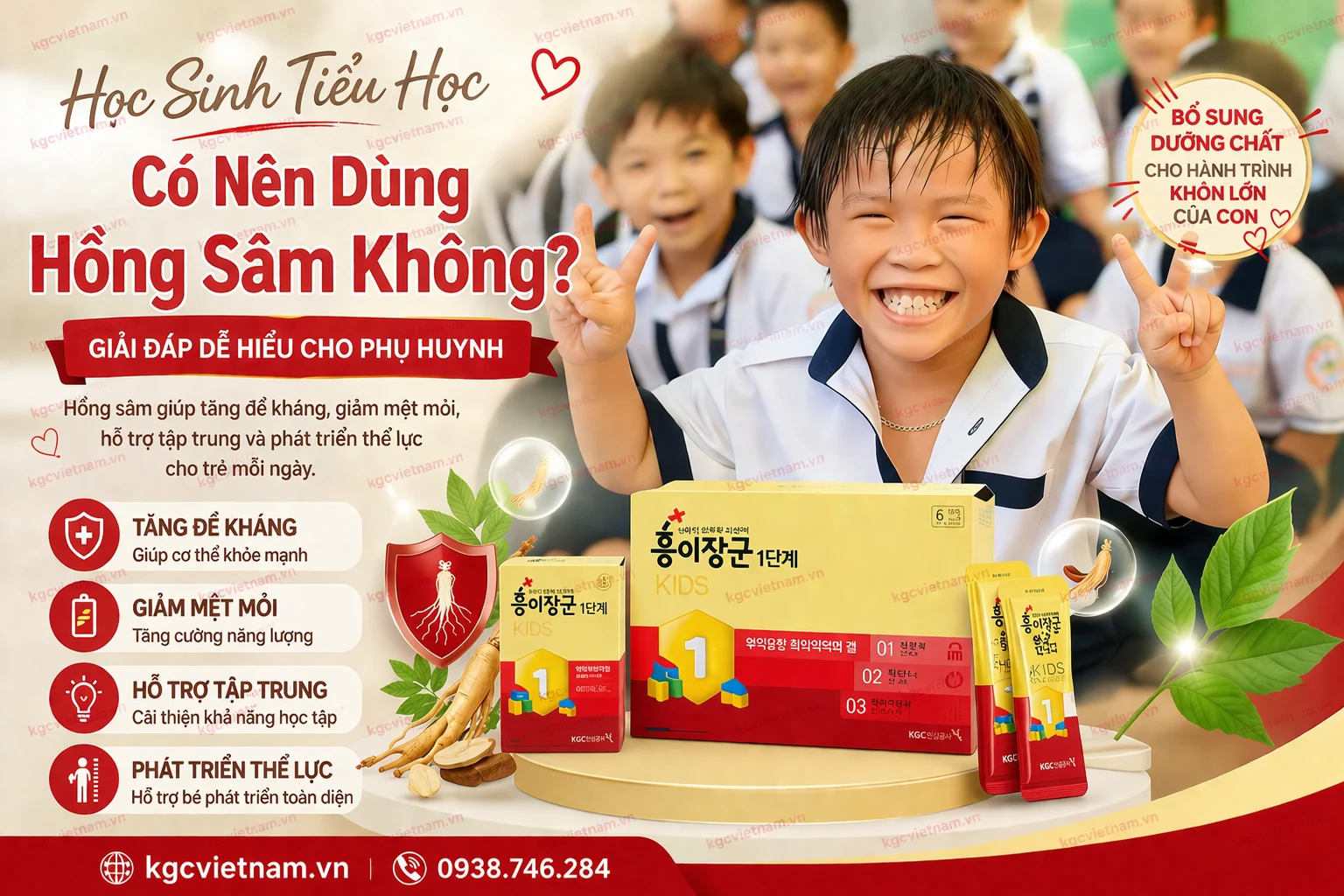 trẻ tiểu học uống hồng sâm dạng nước