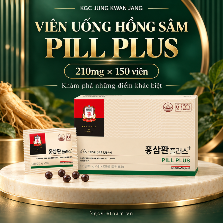 Viên uống hồng sâm KGC Jung Kwan Jang Pill Plus 210mg x 150 viên với hộp và gói sản phẩm tiện lợi.