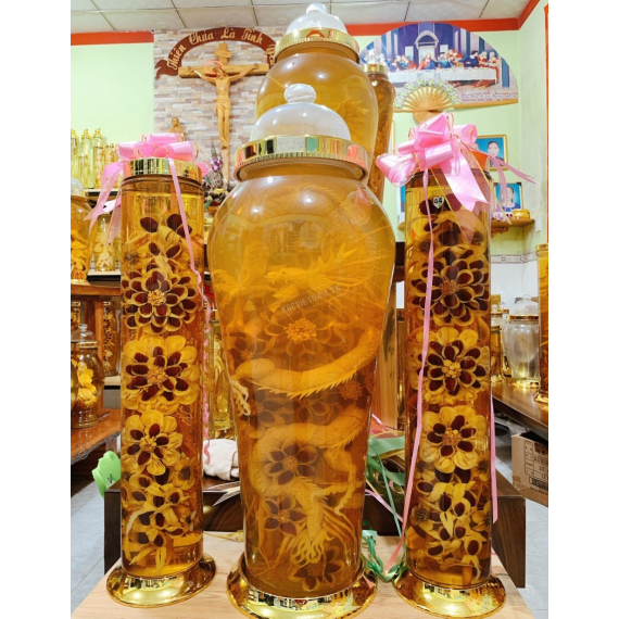 Bộ bình rượu hoa sâm điêu khắc rồng may mắn 63 lít
