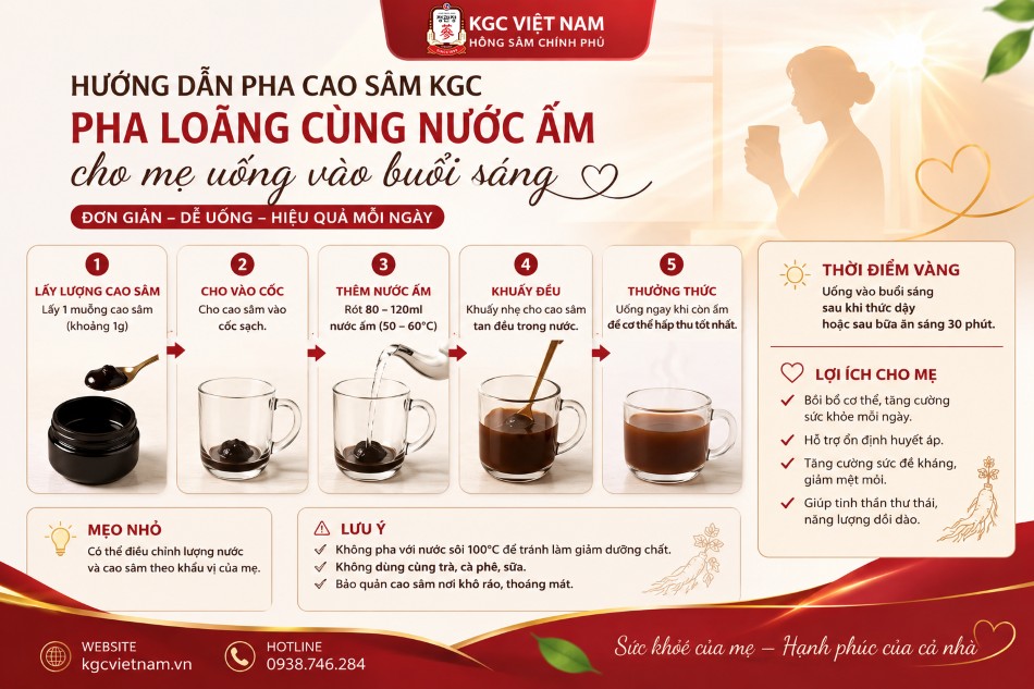 Hướng dẫn pha cao sâm KGC pha loãng cùng nước ấm cho mẹ uống vào buổi sáng