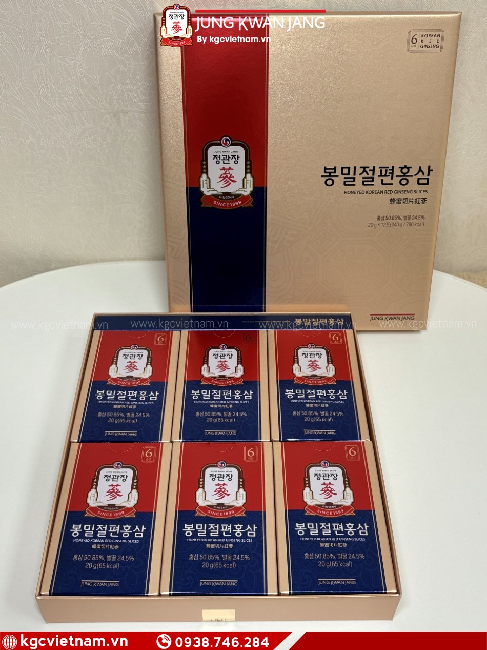 [Hình ảnh: Hộp giấy sang trọng Hồng Sâm Lát Tẩm Mật Ong KGC Jung Kwan Jang 20g x 12 Gói]